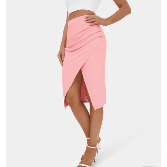 Halara Ruched Split Hem Midi Skirt Sz Small Womens Pink Bodycon Casual Soft - Picture 1 of 10